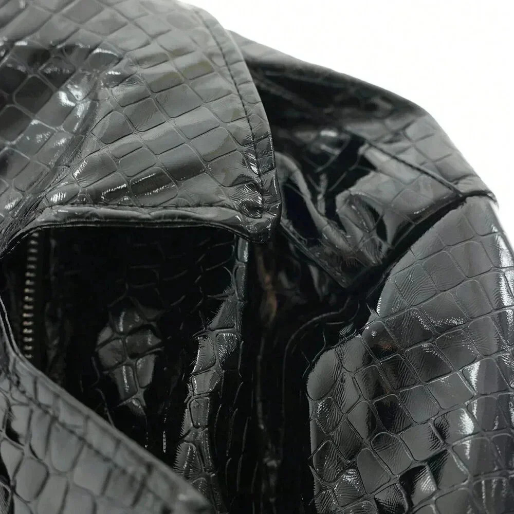 Black Casual Women's Glossy Faux Crocodile Skin Turndown Collar Flight Jacket - Picture 4 of 4